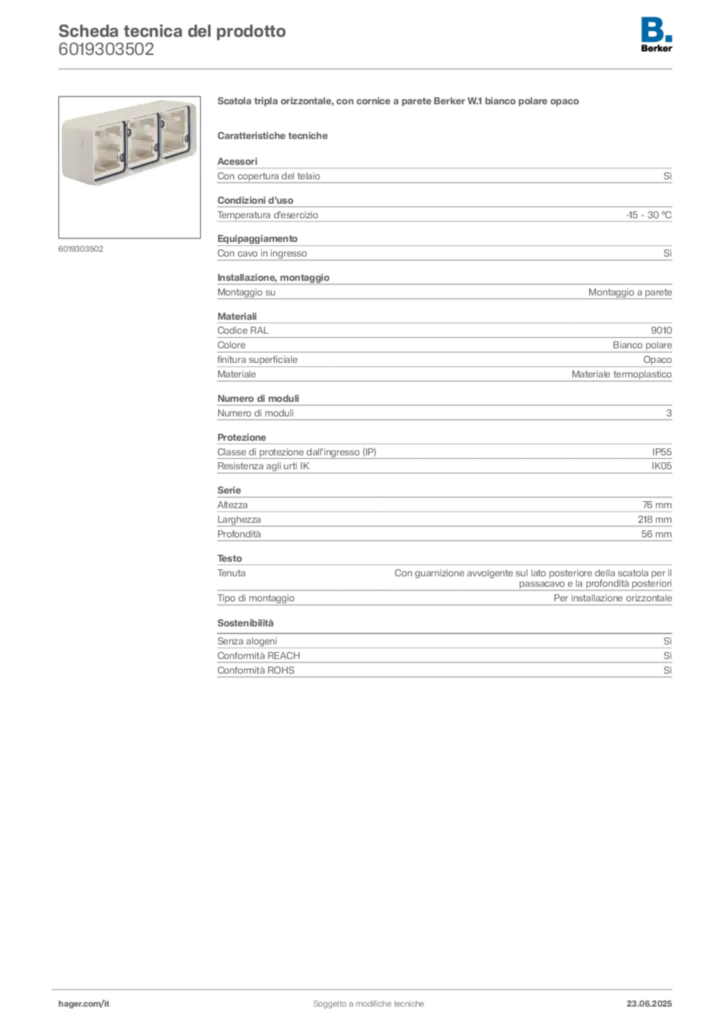 Immagine Berker Scheda tecnica del prodotto 6019303502 | Hager Italia