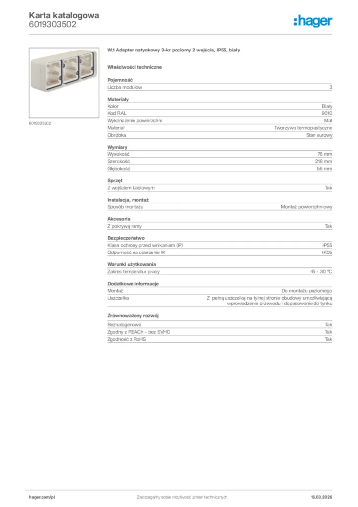 Zdjęcie Hager Karta katalogowa 6019303502 | Hager Polska