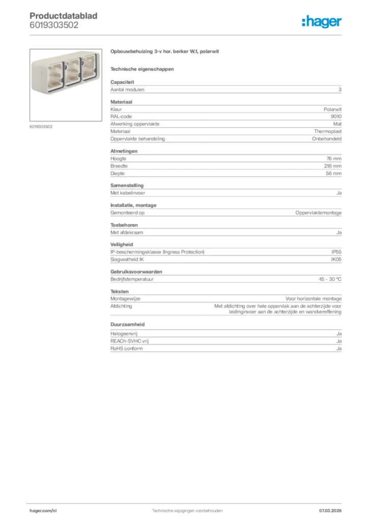 Afbeelding Hager Productdatablad 6019303502 | Hager Nederland