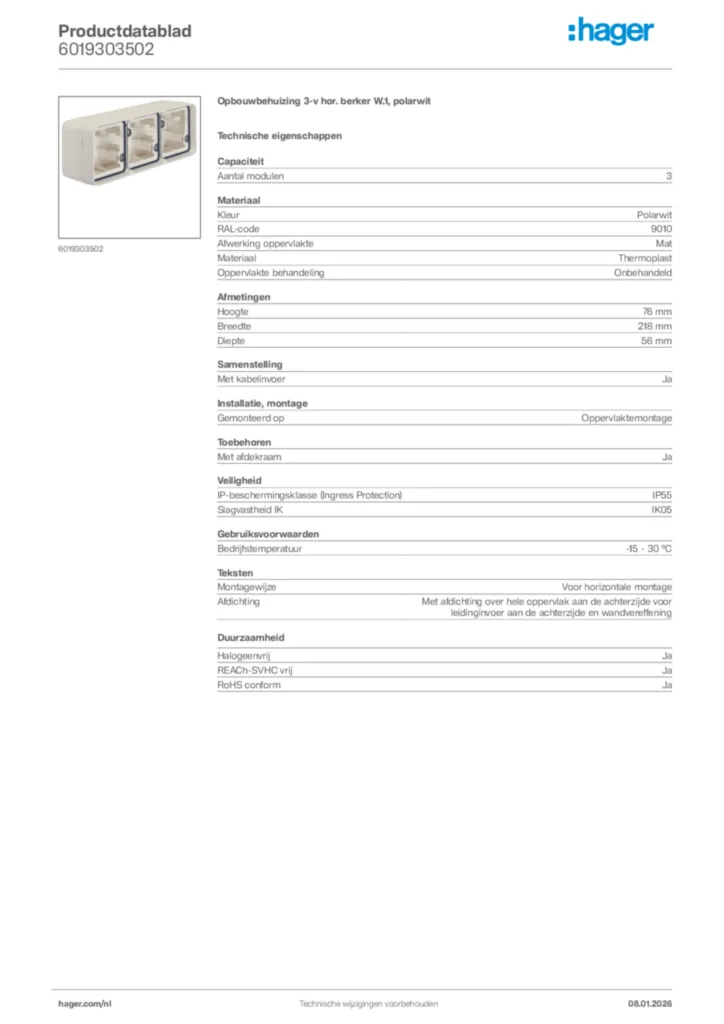 Afbeelding Hager Productdatablad 6019303502 | Hager Nederland