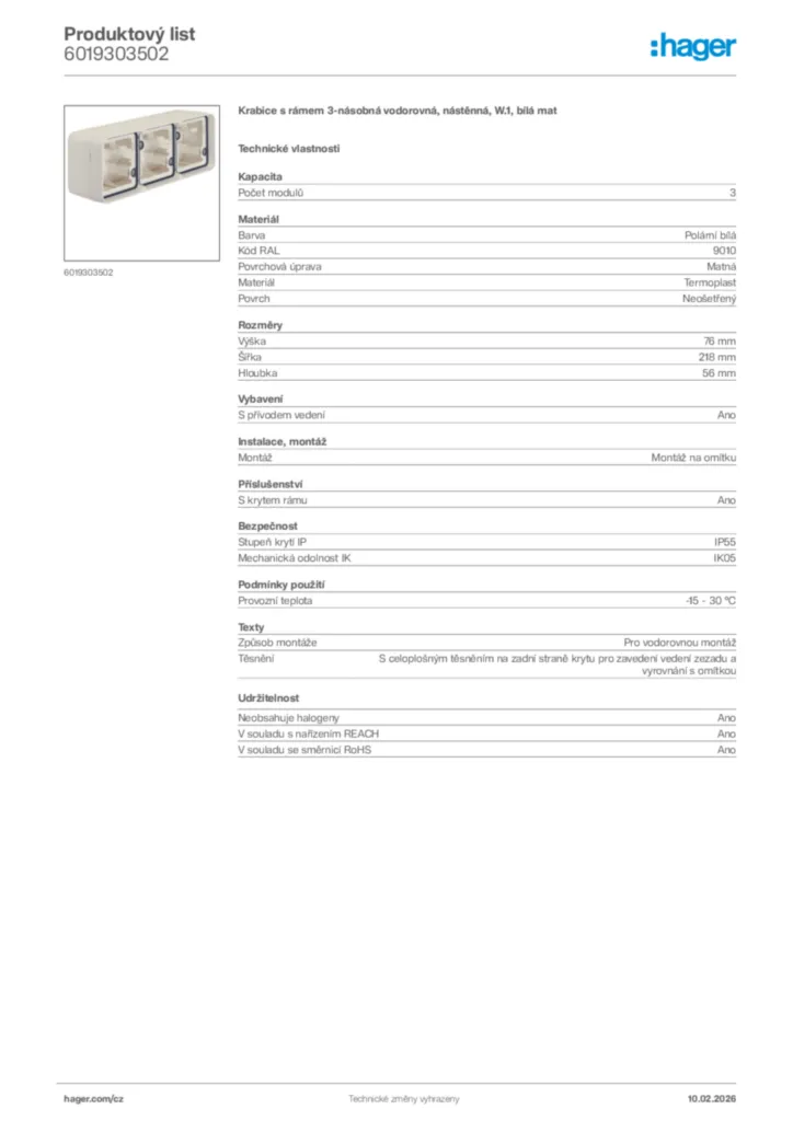 Obrázek Hager Product data sheet 6019303502 | Hager