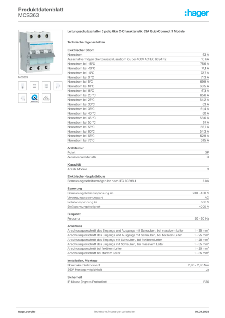 Bild Hager Produktdatenblatt MCS363 | Hager Deutschland