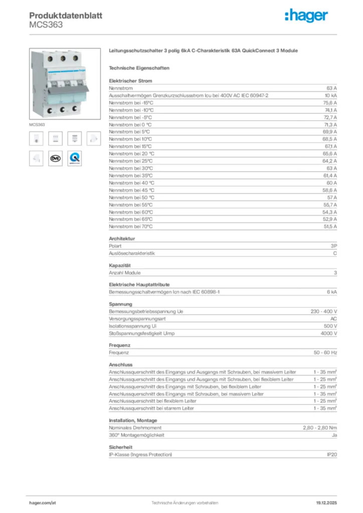 Bild Hager Produktdatenblatt MCS363 | Hager Deutschland