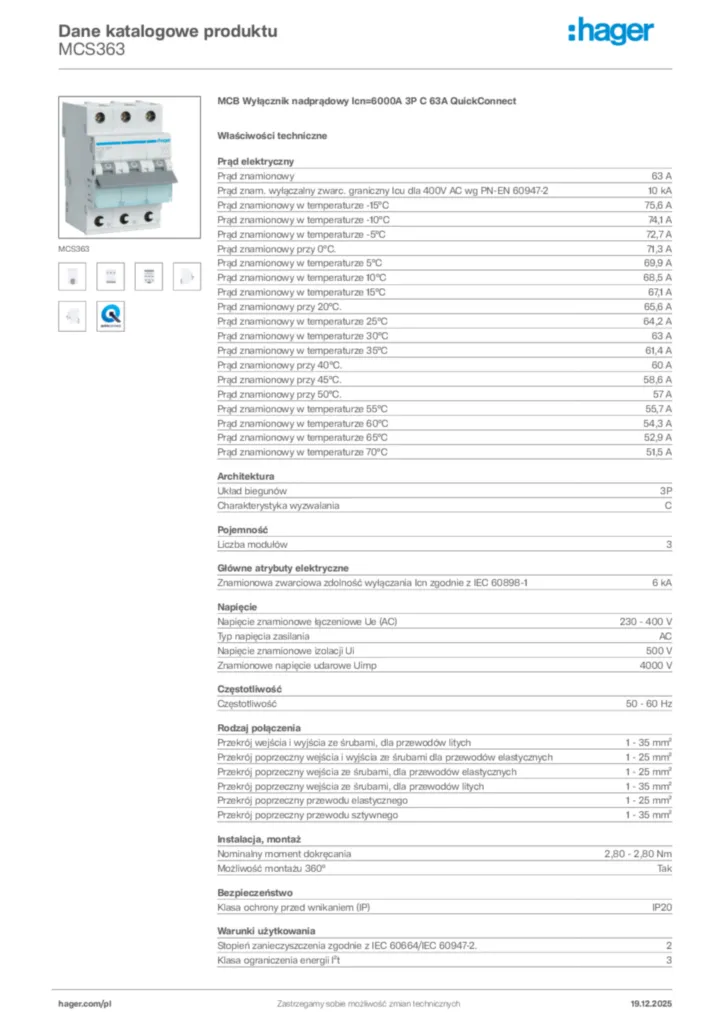 Zdjęcie Hager Karta katalogowa MCS363 | Hager Polska