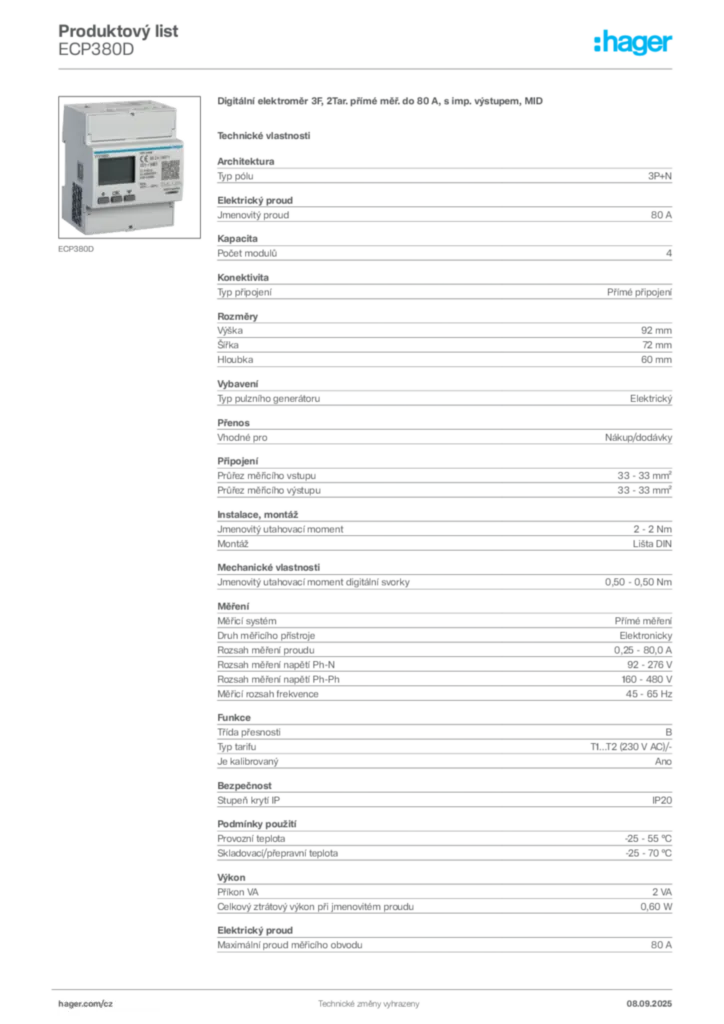 Obrázek Hager Produktový list ECP380D | Hager