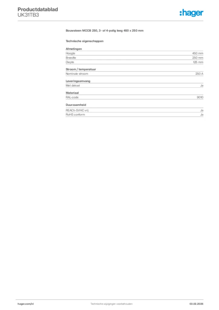 Afbeelding Hager Productdatablad UK31TB3 | Hager Nederland