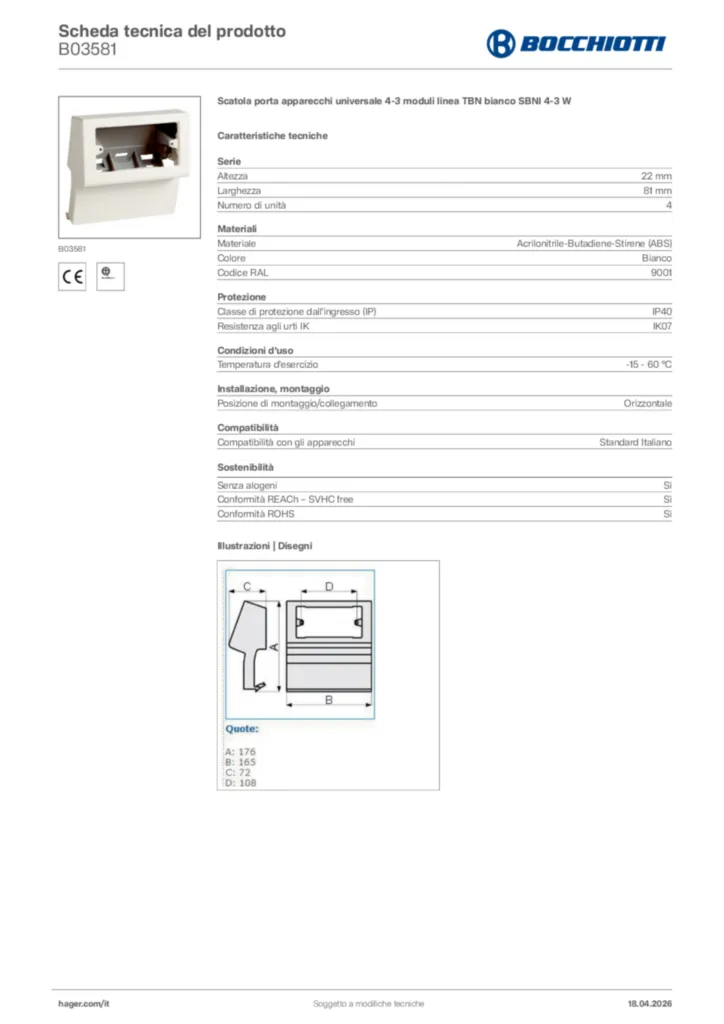 Immagine Bocchiotti Scheda tecnica del prodotto B03581 | Hager Italia