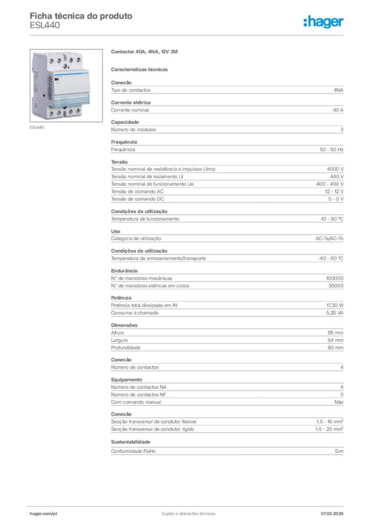 Imagem Hager Ficha técnica do produto ESL440 | Hager Portugal