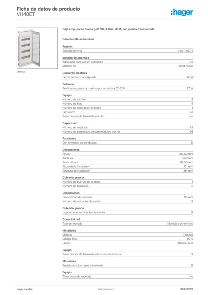 Imagen Hager Ficha de datos de producto VH48ET | Hager España