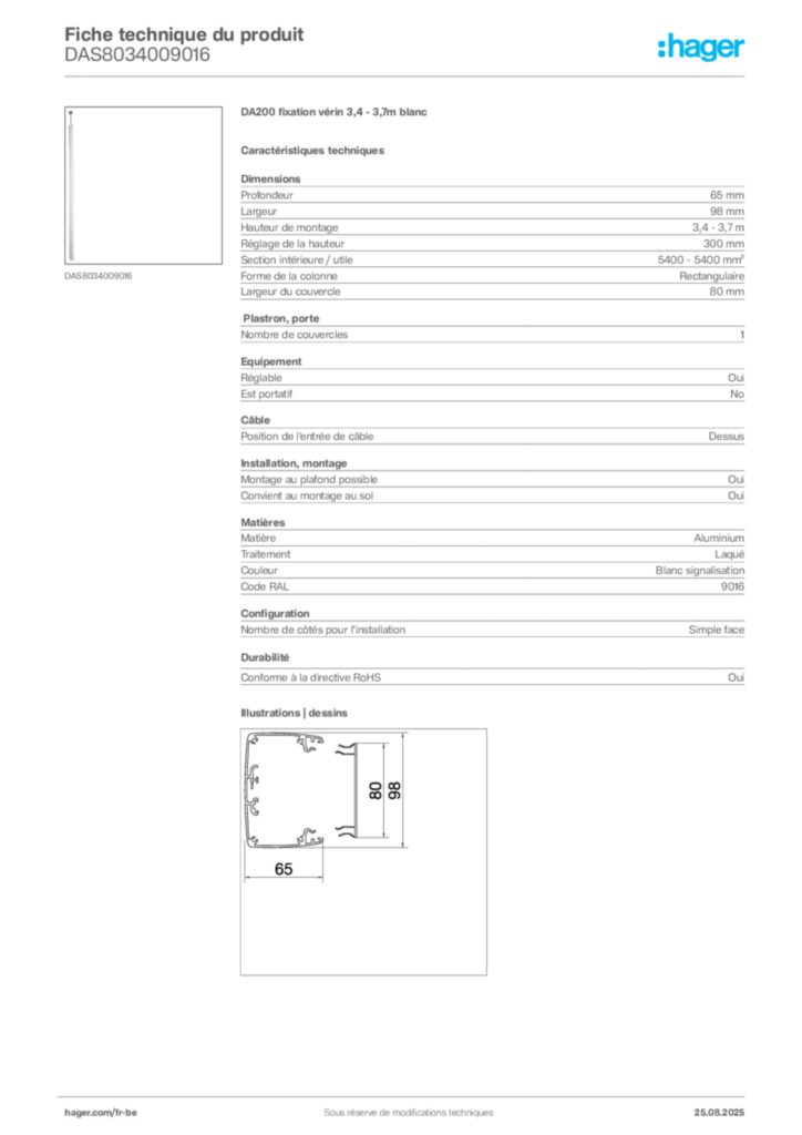 Image Hager Fiche technique du produit DAS8034009016 | Hager Belgique