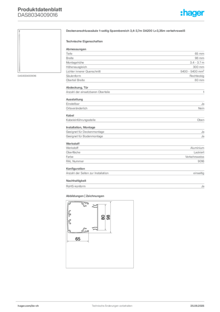 Bild Hager Produktdatenblatt DAS8034009016 | Hager Schweiz