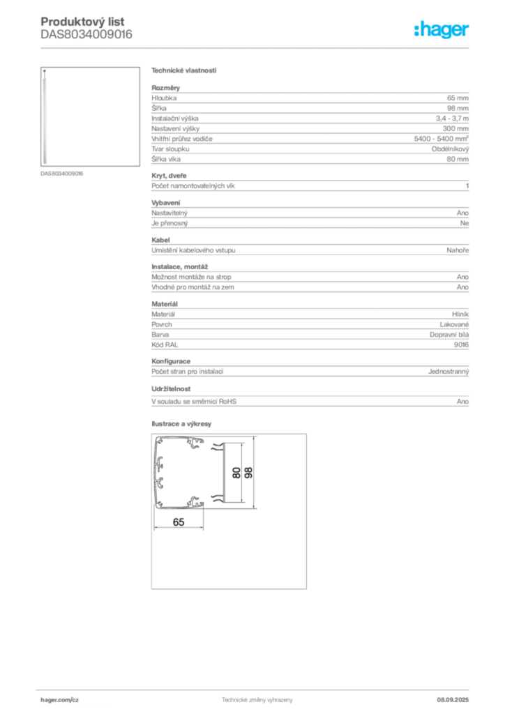 Obrázek Hager Produktový list DAS8034009016 | Hager