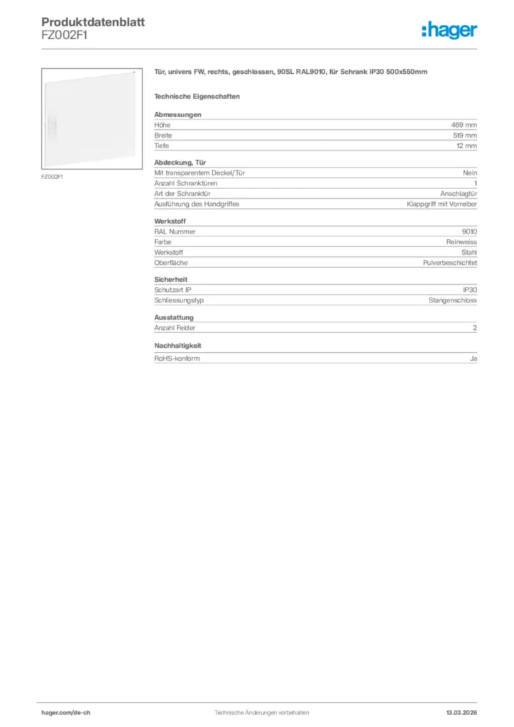 Bild Hager Produktdatenblatt FZ002F1 | Hager Schweiz