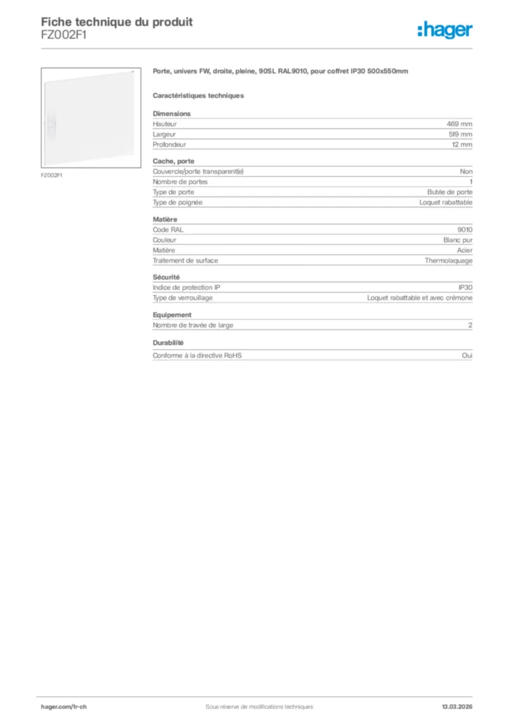 Image Hager Fiche technique du produit FZ002F1 | Hager Suisse