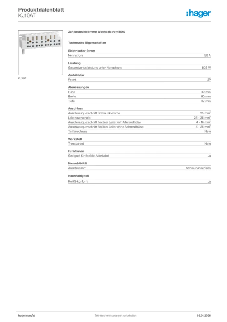 Bild Hager Produktdatenblatt KJ10AT | Hager Deutschland