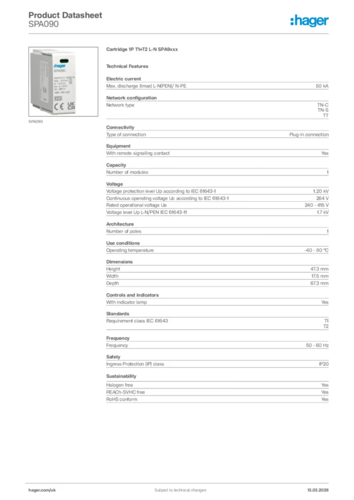 Image Hager Product data sheet SPA090  | Hager