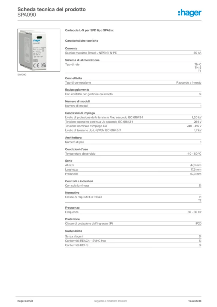 Immagine Hager Scheda tecnica del prodotto SPA090 | Hager Italia