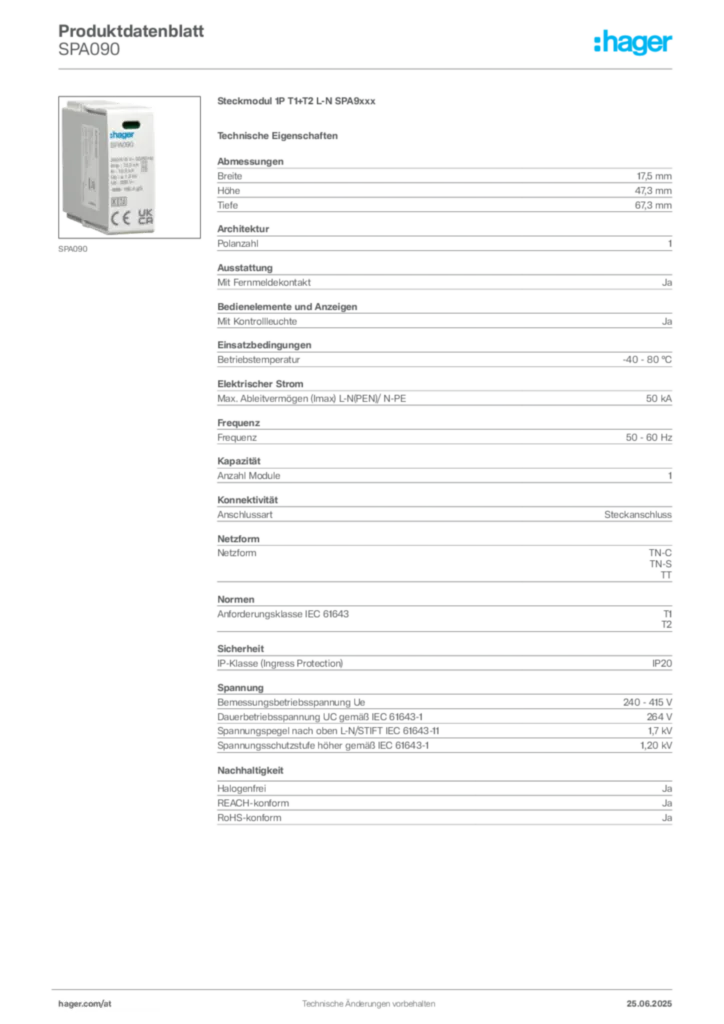 Bild Hager Produktdatenblatt SPA090 | Hager Deutschland