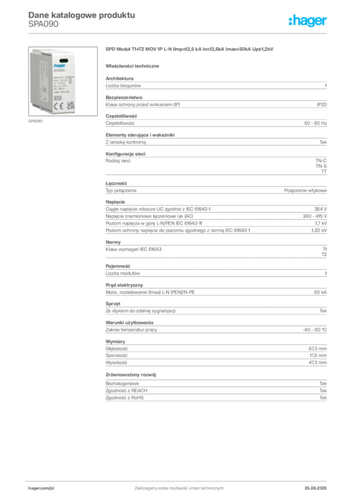 Zdjęcie Hager Karta katalogowa SPA090 | Hager Polska