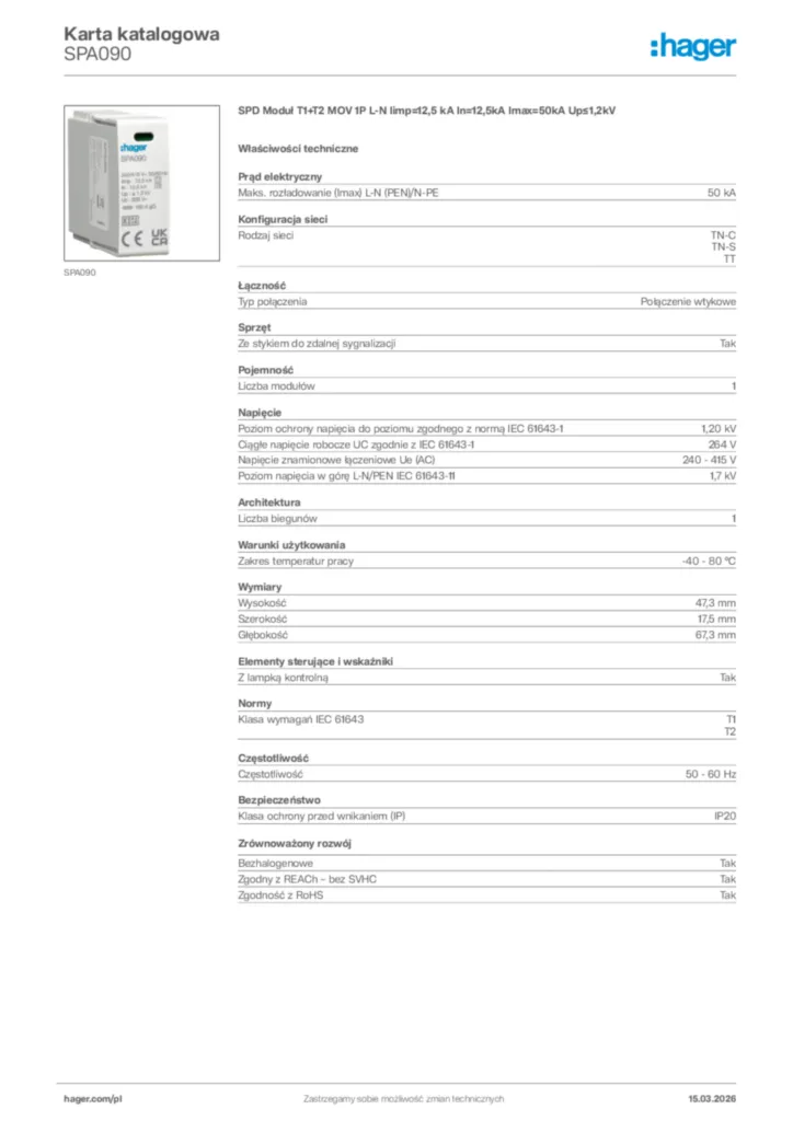 Zdjęcie Hager Karta katalogowa SPA090 | Hager Polska