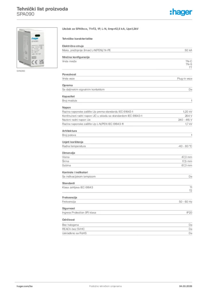 Slika Hager Tehnički list proizvoda SPA090  | Hager