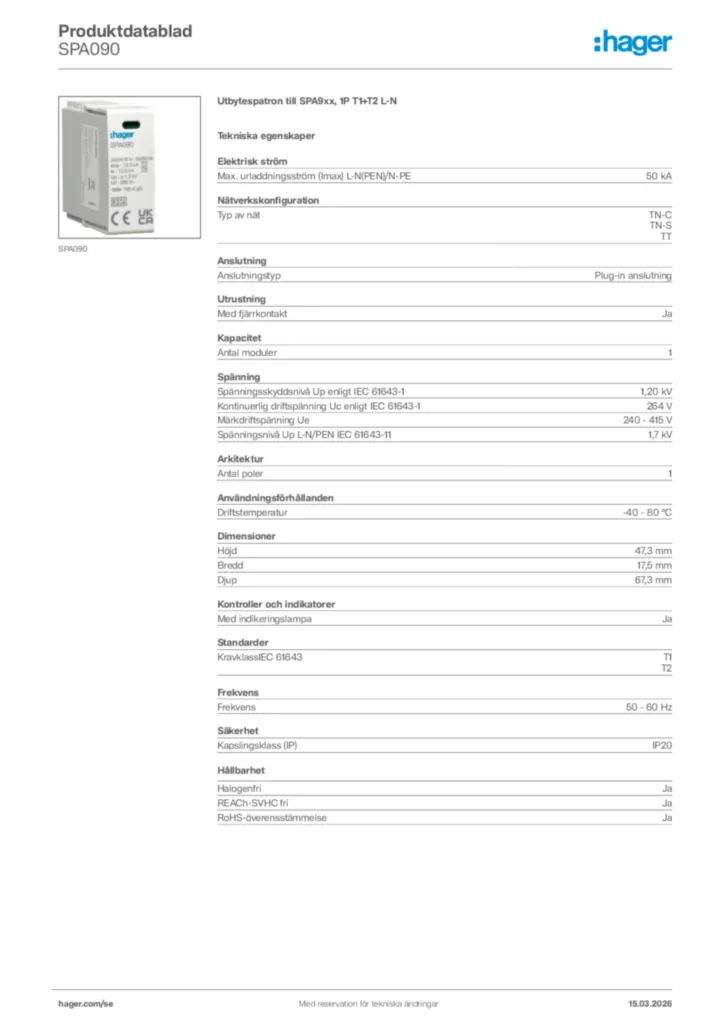 Bild Hager Produktdatablad SPA090 | Hager Sverige