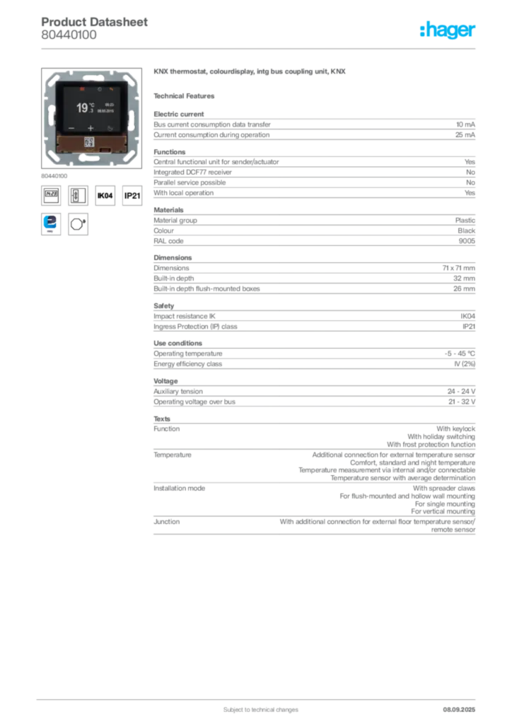 Image Hager Product data sheet 80440100  | Hager