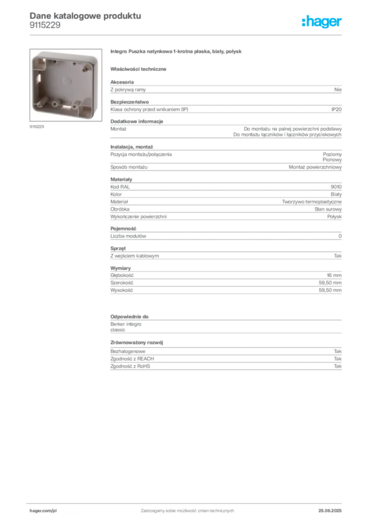 Zdjęcie Hager Karta katalogowa 9115229 | Hager Polska