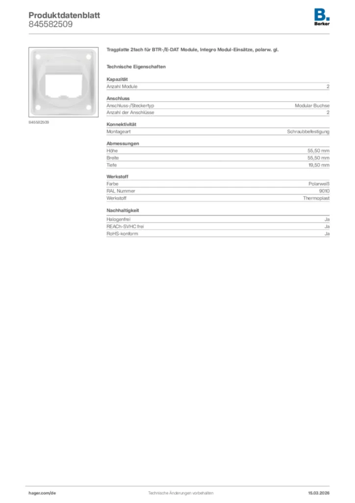 Bild Berker Produktdatenblatt 845582509 | Hager Deutschland