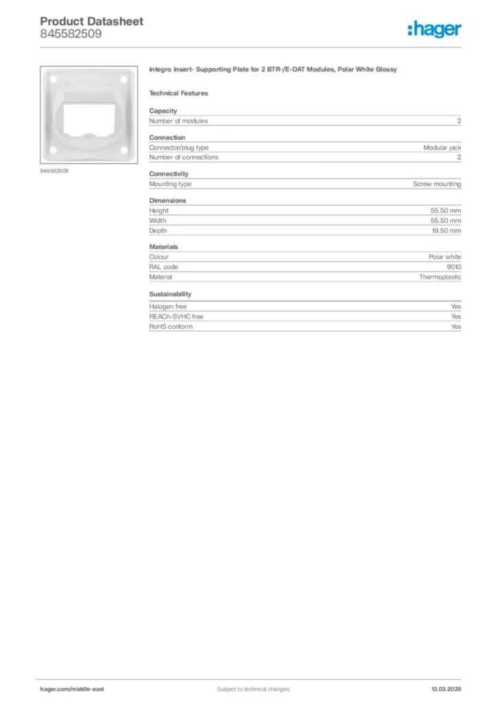 Image Hager Product data sheet 845582509  | Hager