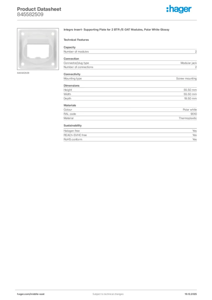 Image Hager Product data sheet 845582509  | Hager