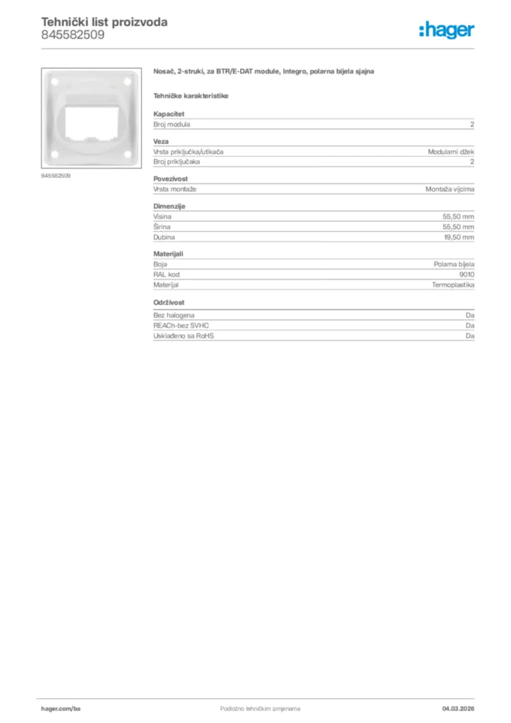 Slika Hager Tehnički list proizvoda 845582509  | Hager