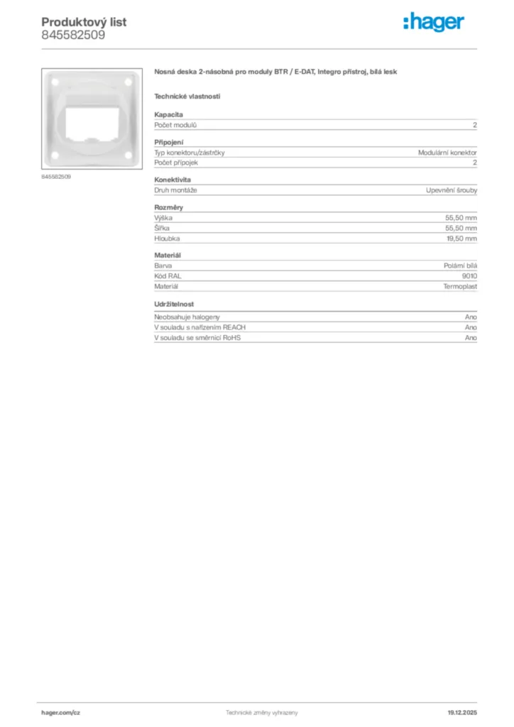 Obrázek Hager Produktový list 845582509 | Hager