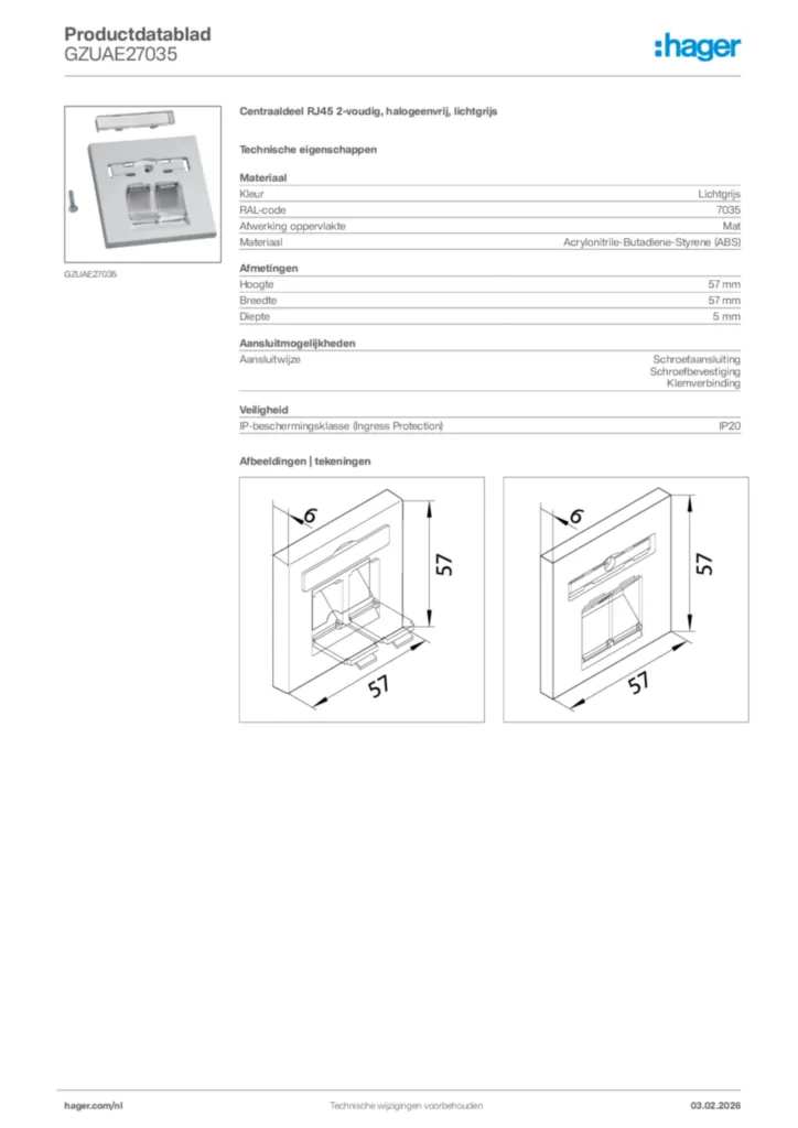 Afbeelding Hager Productdatablad GZUAE27035 | Hager Nederland