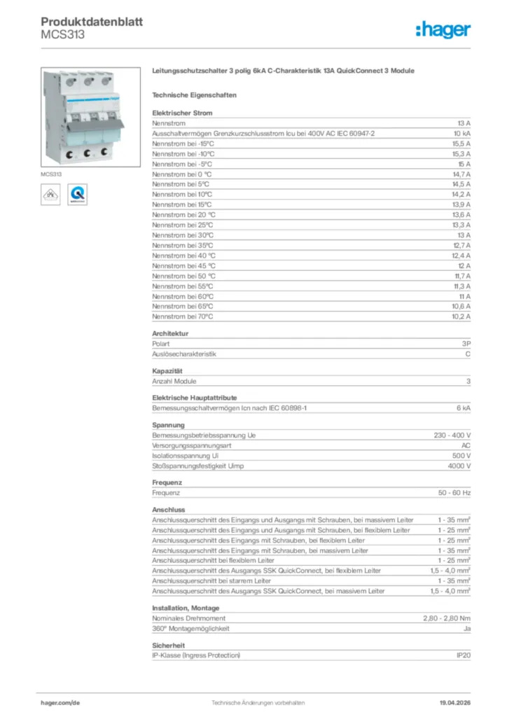 Bild Hager Produktdatenblatt MCS313 | Hager Deutschland