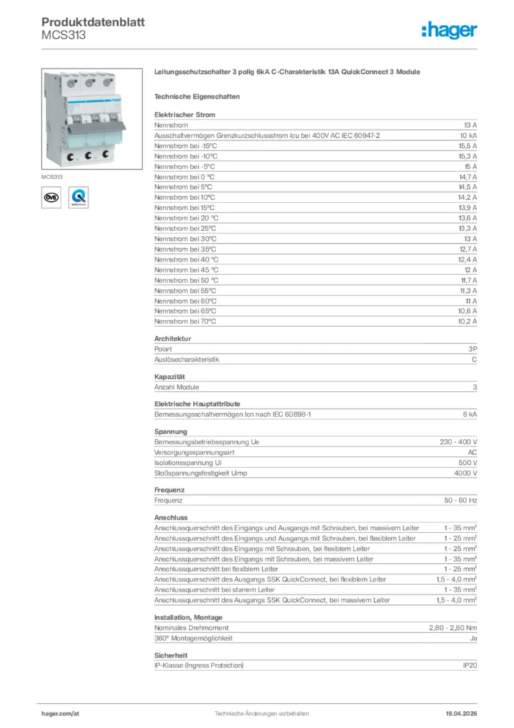 Bild Hager Produktdatenblatt MCS313 | Hager Deutschland