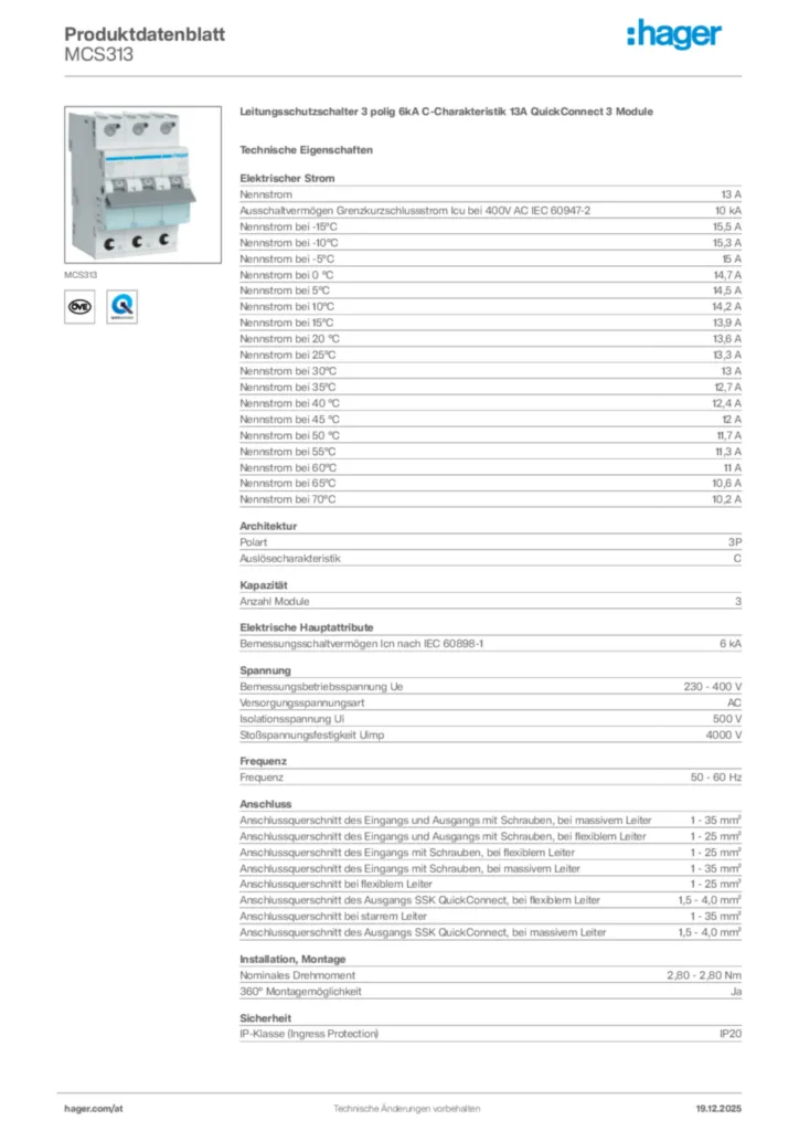 Bild Hager Produktdatenblatt MCS313 | Hager Deutschland