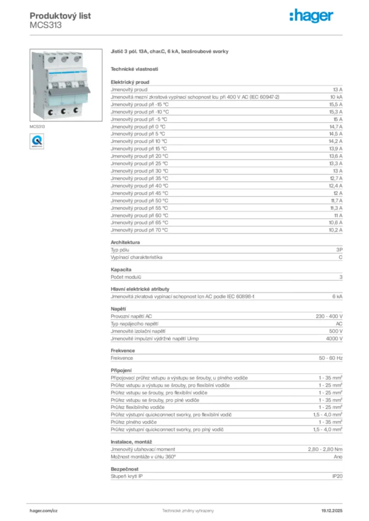 Obrázek Hager Produktový list MCS313 | Hager