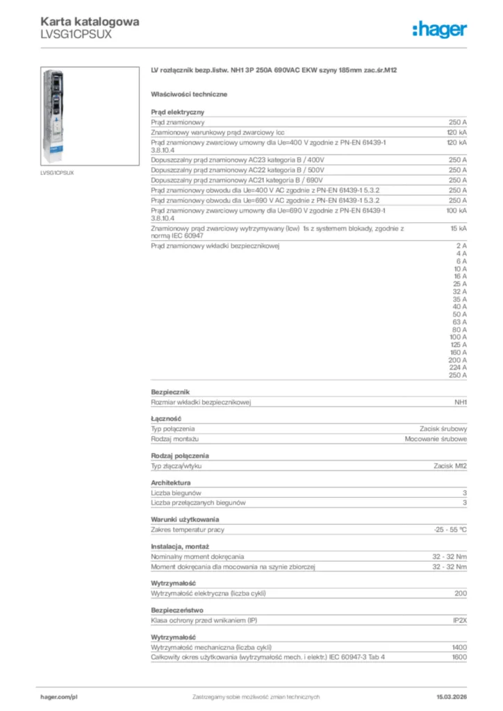 Zdjęcie Hager Karta katalogowa LVSG1CPSUX | Hager Polska