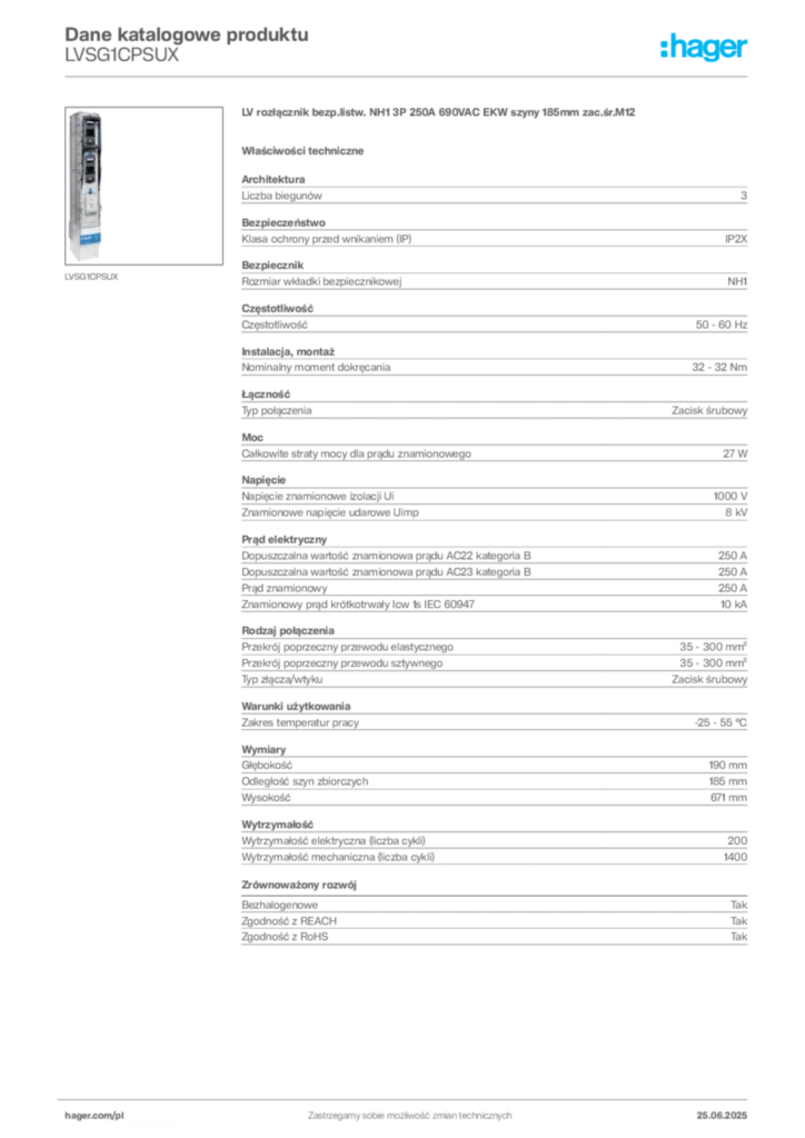 Zdjęcie Hager Karta katalogowa LVSG1CPSUX | Hager Polska