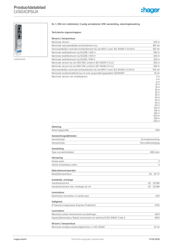 Afbeelding Hager Productdatablad LVSG1CPSUX | Hager Nederland