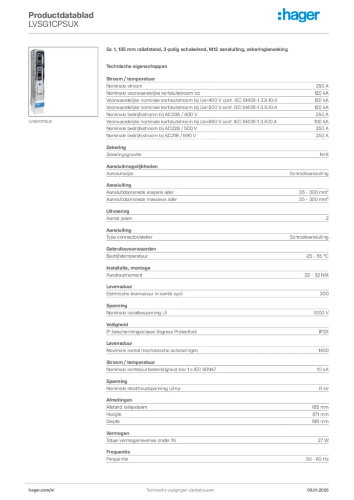 Afbeelding Hager Productdatablad LVSG1CPSUX | Hager Nederland