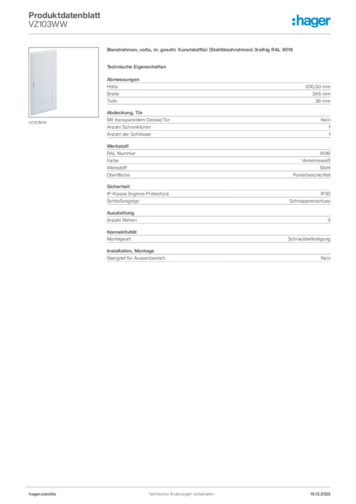 Bild Hager Produktdatenblatt VZ103WW | Hager Deutschland