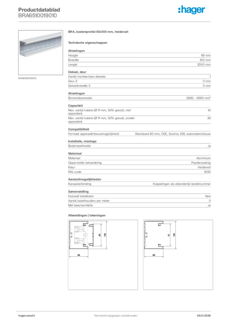 Afbeelding Hager Productdatablad BRA6510019010 | Hager Nederland
