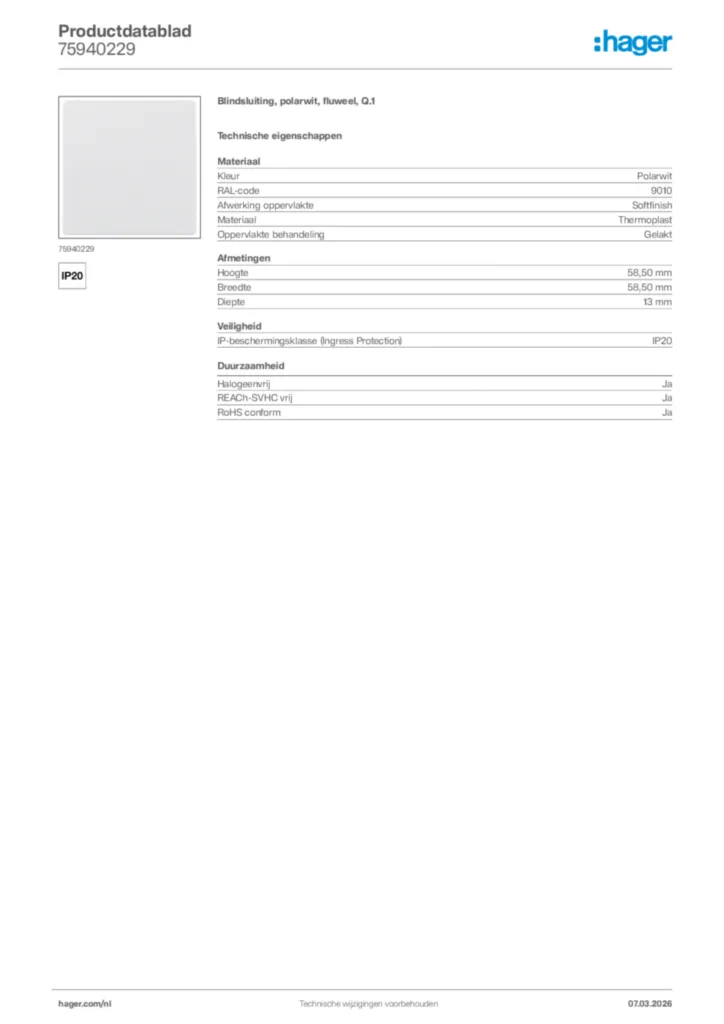 Afbeelding Hager Productdatablad 75940229 | Hager Nederland
