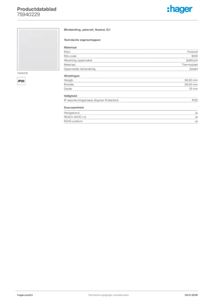 Afbeelding Hager Productdatablad 75940229 | Hager Nederland