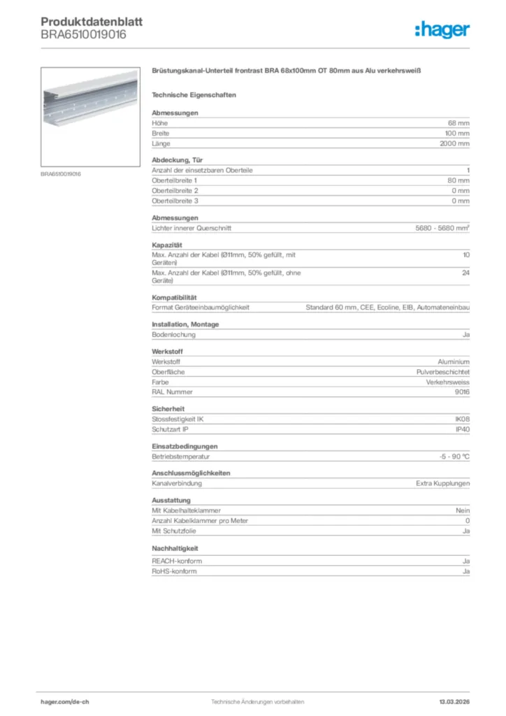 Bild Hager Produktdatenblatt BRA6510019016 | Hager Schweiz