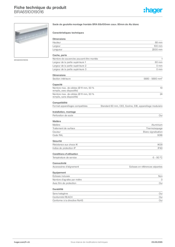 Image Hager Fiche technique du produit BRA6510019016 | Hager Suisse