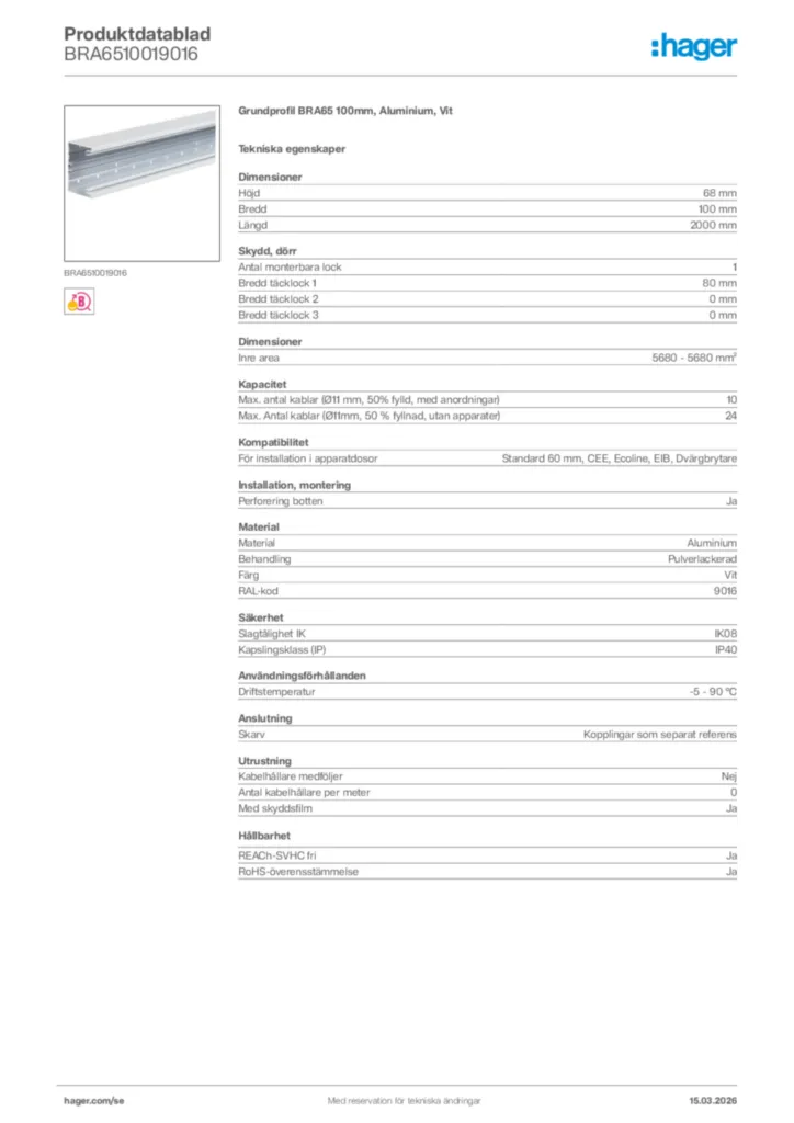 Bild Hager Produktdatablad BRA6510019016 | Hager Sverige