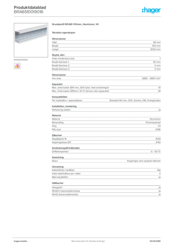 Bild Hager Produktdatablad BRA6510019016 | Hager Sverige